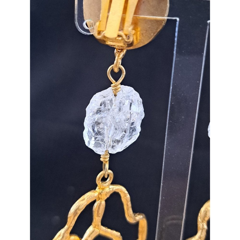 Molten Gold Tone Nugget Clear Rock Crystal and Coral/ Branch Clip Earrings - Picture 5 of 9